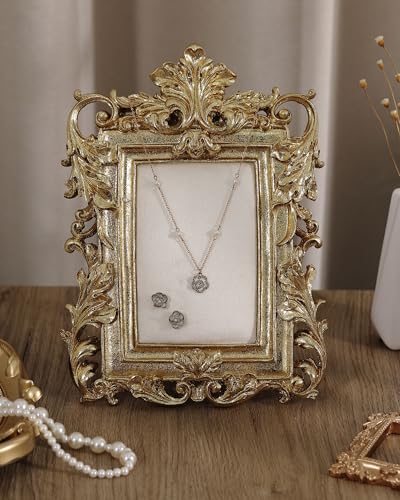 Wonderjune Jewelry Display Stand Vintage Necklace Organizer Ring Holder Earring Tray Resin Jewelry Photography Props Frame with Velvet Backing for Gifts - color: Mainly Gold, size: 7.8 x 10.8 Inches, style: Antique