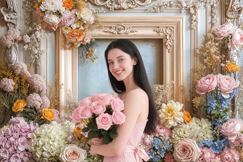 7X5ft Retro Wall Wedding Backdrops Frame Style Colorful Flowers Wall Background Medieval Building Photo Background for Mothers Day Bridal Baby Shower Birthday Girls Women Decoration Backdrop - color: Multi, size: 7X5ft
