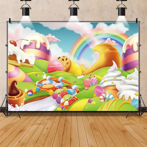 AOFOTO 5x3ft Candyland Backdrop Fantasy Giant Lollipop Candy Land Candy Themed Party Decorations Banner Cartoon Rainbow Ice Cream Dessert Shop Decor Background Kids Baby Birthday Photoshoot Props - size: 5x3ft