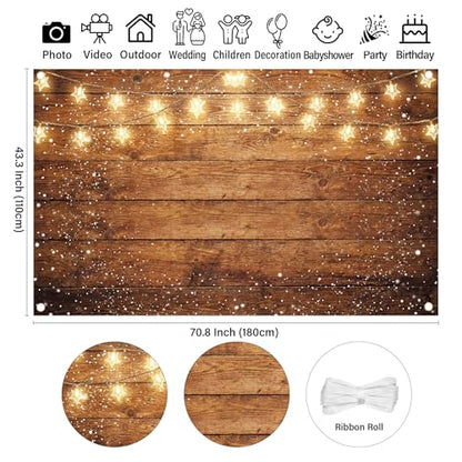 Wood Backdrop Rustic Wooden Photo Background Vintage Brown Wall Country Backdrop with Warm Starry Lights Snow Effect for Wedding Western Birthday Baby Shower Photo Booth 71x43 Inch - style: Wooden