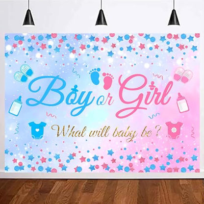 7X5FT Gender Reveal Boy Or Girl Photo Backdrop He Or She What Will Baby Be Blue Pink Footprints Glitter Dots Star Party Decorations Photography Background Polyester - size: 7x5 FT