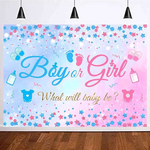 7X5FT Gender Reveal Boy Or Girl Photo Backdrop He Or She What Will Baby Be Blue Pink Footprints Glitter Dots Star Party Decorations Photography Background Polyester - size: 7x5 FT