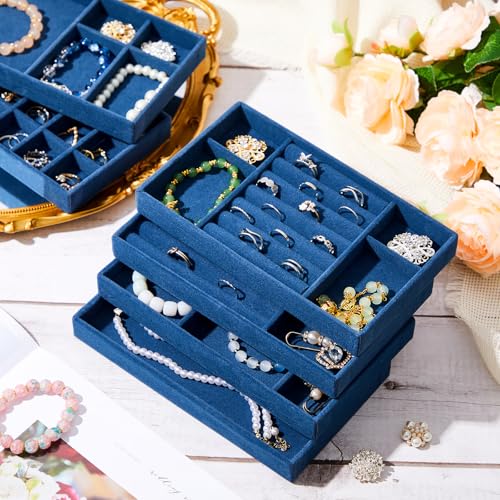 Junkin 18 Pcs Velvet Jewelry Tray, Stackable Jewelry Organizer Trays for Drawer, Jewellery Box Divided Display Tray, Jewelry Inserts for Drawer for Rings Earring Bangle Necklaces(Peacock Blue) - color: Peacock Blue
