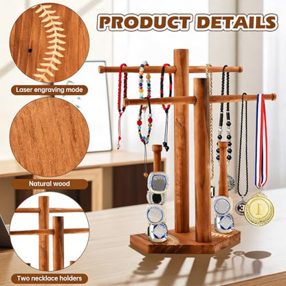 Wooden Baseball & Softball Drip Necklace Holder, Championship Ring Display Holder, Sports Ring Organizer for Boy Team Player Men Home Bedroom Decor