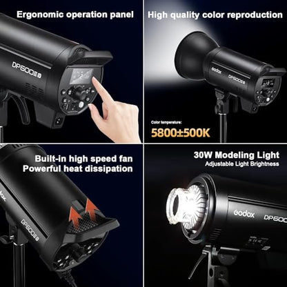 Godox 2 Pack DP600III-V DP600IIIV 1200Ws Photo Speedlite Studio Flash Strobe Monolight Bowens Mount Kit for Studio Shooting with Softbox,Light Stand,Barn Door Kit,Reflector