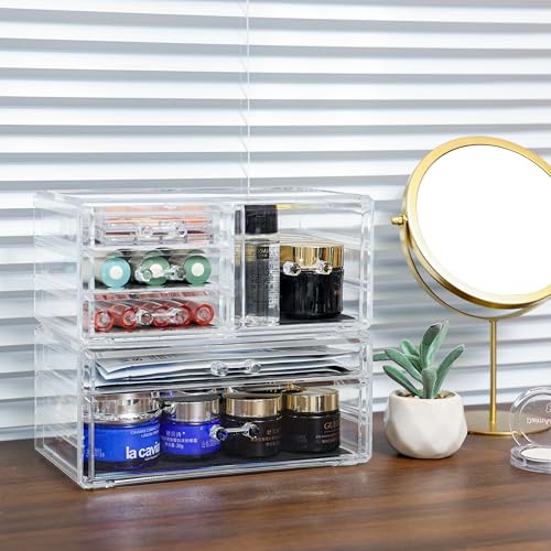 Cq acrylic 2 Pack Clear Desk Organizer With Drawers,Stackable 6 Drawers Skincare Organizer,Cute Skin Care Organizers for Vanity Hair Clip,Jewelry,Beauty Product Desk and Makeup Organizers Countertop - size: Large 6 Drawers