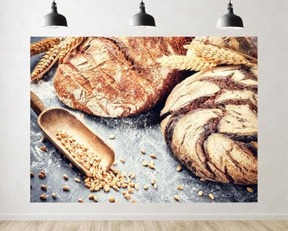 Trykid 7x5ft Artisan Bread Wheat Grain Backdrop Wooden Scoop Rustic Kitchen Scene Photography Background Food Festival Event Decoration Tapestry Photo Booth Prop Fabric - size: 7x5ft