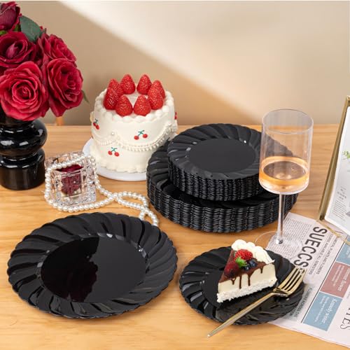 U-QE 60 Pcs Black Plastic Plates for Party – Black Plastic Disposable Heavy Duty – Include 30 10.25" Dinner & 30 7.25" Dessert Plate - Perfect for Parties, Weddings - color: Black