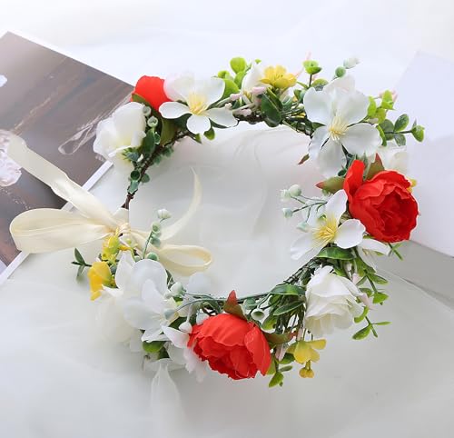 Women Flower Crown Bride Flower Headband Floral Halo Floral Crown Wedding Bridal Party Cosplay Halloween Photos - color: red and white