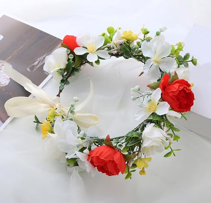 Women Flower Crown Bride Flower Headband Floral Halo Floral Crown Wedding Bridal Party Cosplay Halloween Photos - color: red and white