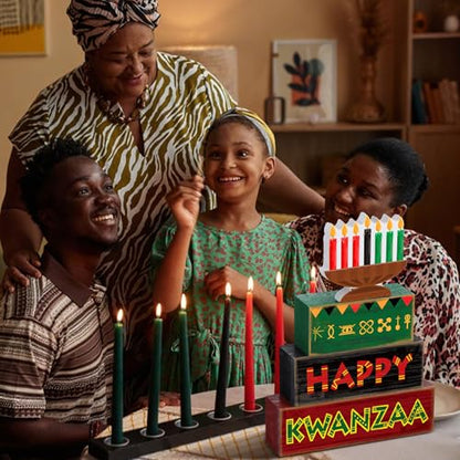 Yuntau 4 Pcs Happy Kwanzaa Table Decorations Kwanzaa Tiered Tray Decor Rustic African Candlestick Wood Block Tabletop Sign Gift Centerpiece Farmhouse Table Decor for Home Office Party Supplies - style: Candlestick
