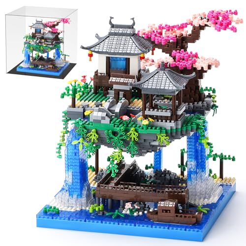 CAXIMSY Cherry Blossom Bonsai Tree Building Block Sets with Acrylic Display Box Chinese Architecture of Peach Blossom Micro Mini Building Set Toy Gift for Kids Adults（3320 Pieces） - style: Peach blossom pool with Acrylic Box