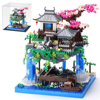 CAXIMSY Cherry Blossom Bonsai Tree Building Block Sets with Acrylic Display Box Chinese Architecture of Peach Blossom Micro Mini Building Set Toy Gift for Kids Adults（3320 Pieces） - style: Peach blossom pool with Acrylic Box
