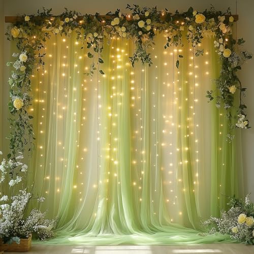 Sage Green Tulle Backdrop Curtain with Lights - 10x8ft Sheer Backdrop with 250 LEDs for Wedding, Baby Shower, Bridal Shower, Birthday Party Photo Shoot Background and Home Decorations - color: Sage Green, size: 10 x 8 Feet