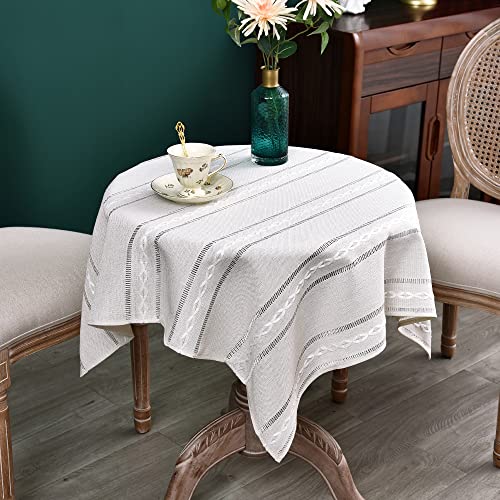 NEWISHER Rustic Farmhouse Embroidered Small Square Tablecloth Jacquard Striped Table Cloth Linen Texture Washable Side Table Cover Kitchen Dining Home Decoration 36x36 inch - color: Off White, size: 36" x 36" (Square)