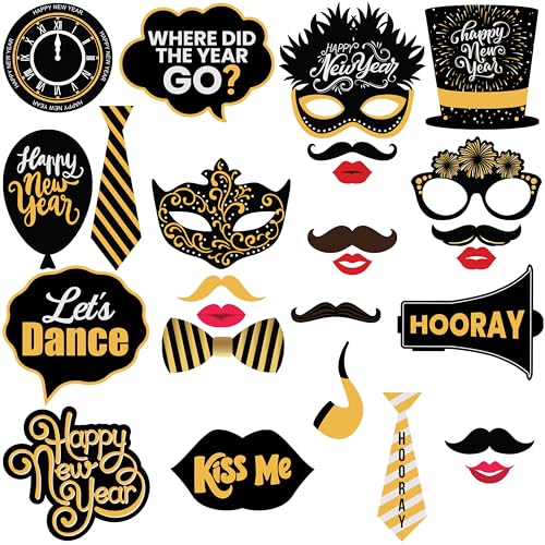 KatchOn, New Years Photo Booth Props 2026 - Pack of 30 | Black and Gold New Years Eve Photo Booth Props for Happy New Years Decorations 2026 | New Years Eve Party Supplies 2026 | NYE Decorations - color: Hair Mask and Beard