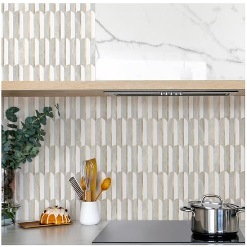 OYAISIMI 10 Sheets Seamless Peel and Stick Backsplash Tile for Kitchen,White and Gray Stone PVC Mixed Light Gold Self Adhesive Fish Scale Metal Mosaic Tiles - color: Gray Stone+Pure White+Light Gold