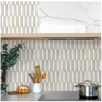 OYAISIMI 10 Sheets Seamless Peel and Stick Backsplash Tile for Kitchen,White and Gray Stone PVC Mixed Light Gold Self Adhesive Fish Scale Metal Mosaic Tiles - color: Gray Stone+Pure White+Light Gold