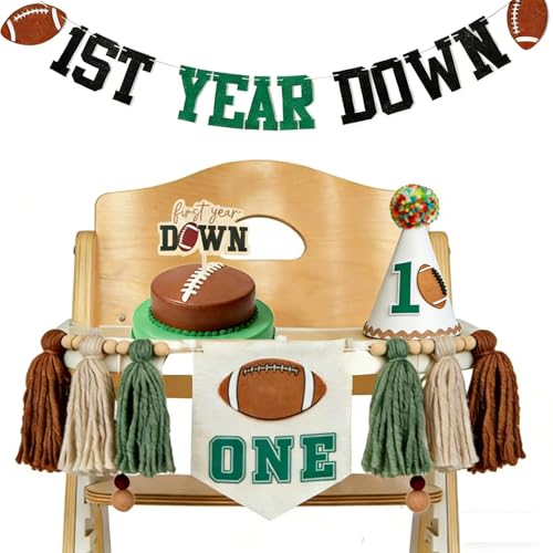 First Year Down Birthday Party Decorations-Felt First Year Down Highchair Banner, Football Themed 1st Birthday High Chair Banner, Cake Topper, Party Hat for Football 1st Birthday Party Supplies - color: Down