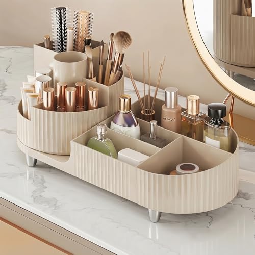 Booklov Rotating Makeup Caddy Organizer for Vanity, Large Capacity Cosmetic Display Case, Countertop Beauty Storage Holder for Skincare, Brush Eyeshadow Lipstick, Counter Desk Organization, Cream - color: Cream, size: L01