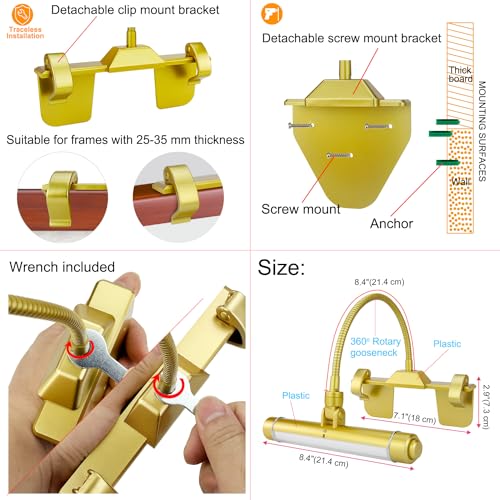 LUXSWAY Wireless Picture Frame Led Lighting,Rechargeable Art Display Lighting Clip on Pictures,Over Painting Lights with Remote,Artwork Lamp with Flexible Neck,28 LEDs 3 Lighting Modes 200LM-Gold - color: G Gold, size: Rechargeable-3 Mode-Flexible Neck