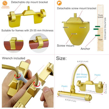 LUXSWAY Wireless Picture Frame Led Lighting,Rechargeable Art Display Lighting Clip on Pictures,Over Painting Lights with Remote,Artwork Lamp with Flexible Neck,28 LEDs 3 Lighting Modes 200LM-Gold - color: G Gold, size: Rechargeable-3 Mode-Flexible Neck