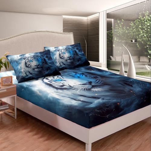 Feelyou Tiger Bed Sheets Set Twin Size Safari Cat Print Bedding Set for Kids Boys Girls Wildlife Sheets with Deep Pocket Fitted Sheet Wild Animal Bedding Set - color: Black Blue, size: Twin