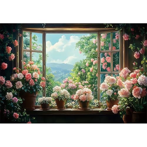 5x3ft Flowers Windowsill Photography Background Spring Floral Retro Oil Painting Photo Backdrop for Valentines Mothers Day Birthday Wedding Party Decorations Girls Women Portraits - color: green and pink, size: 5x3ft