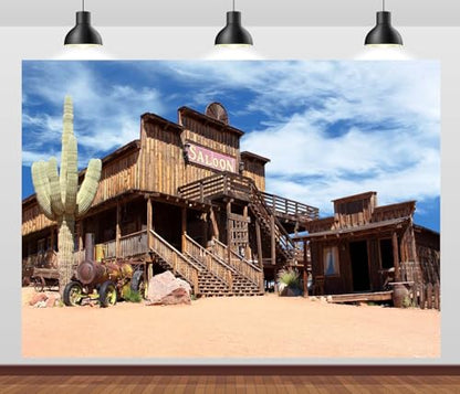 10x10ft Fabric Western Town Backdrop Western Town Saloon Photography Background Countryside Wood House Background Rural Western Bar Desert Photo Backdrop Birthday Party Photo Prop - size: 10x10ft