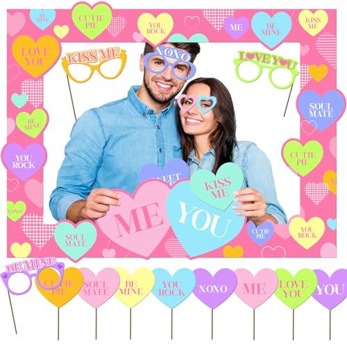 Valentines Day Photo Booth Props, Pink Romantic Valentine’s Day Selfie Photo Booth Picture Frame and Conversation Hearts Valentines Photo Props for Valentine’s Day Wedding Party Favors Decorations
