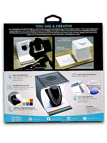 Bower Mini Photo Studio Light Box - 9" Portable Folding Product Photography Shooting Tent Kit with 2 Bright LED Strips, 6 Double Sided Color Backgrounds