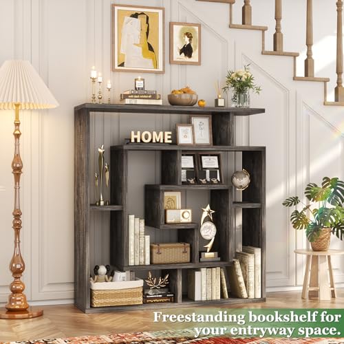 Armocity 6 Tier Display Book Shelf Wall Mounted Bookshelf Freestanding Geometric Bookcase Floating Book Shelves for Wall Bedroom Living Room Home Office, 45.5"(W) * 47"(H), Grey Oak - color: Grey Oak