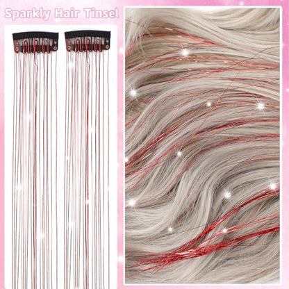 Hair Tinsel Clip in 12 Pcs Glitter Tinsel Hair Extensions Red 20 Inch Fairy Hair Clip in Hair Tinsel Heat Resistant Sparkly Hair Accessories for Girls Women Kids (Red) - color: Red