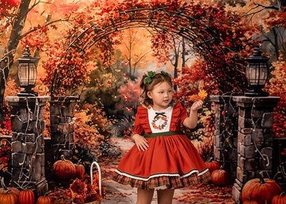 Kate Autumn Stone Arch Backdrops Pumpkin Photo Backdrop Fall Leaves Scenery Photography Backdrops for Seasonal Party Photo Studio Props, 8x8ft - size: 8x8ft