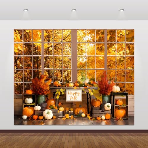Fall Thanksgiving Backdrop for Photography 10x8ft Autumn Forest Window Pumpkin Harvest Maple Leaves Photo Backdrop Thanksgiving Friendsgiving Party Decor Kids Adult Portrait Photo Booth Props