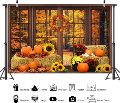 Leowefowa 6x4ft VinylFall Window Backdrop Autumn Forest Pumpkin Photography Background Thanksgiving Party Decorations Baby Shower Birthday Party Background Photo Booth Props - size: 6x4ft
