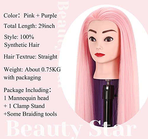 Mannequin Head with Hair, Beauty star 29" Cosmetology Doll Dressing Head for Hair Styling, Manikin Head to Hairstylist Practice on, Hairdressing Training Braiding Heads with Clamp Stand - color: Pink