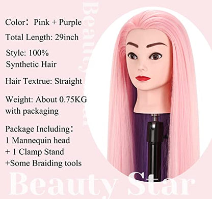 Mannequin Head with Hair, Beauty star 29" Cosmetology Doll Dressing Head for Hair Styling, Manikin Head to Hairstylist Practice on, Hairdressing Training Braiding Heads with Clamp Stand - color: Pink