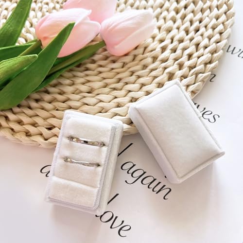 Rectangle 3 Slots Italian Velvet Jewelry Box Engagement Wedding Photo Ring Box Keepsake Box Triple Ring Gift Box (White) - color: White