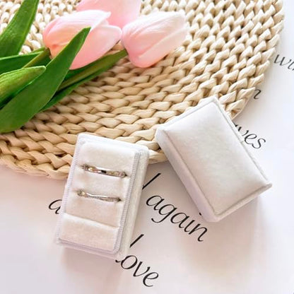 Rectangle 3 Slots Italian Velvet Jewelry Box Engagement Wedding Photo Ring Box Keepsake Box Triple Ring Gift Box (White) - color: White