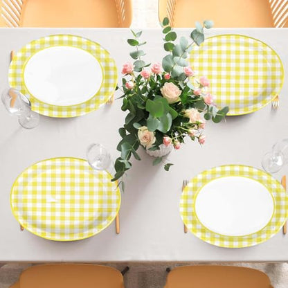 50Pcs Yellow Gingham Oval Paper Plates 10"x12" Large Yellow and White Buffalo Checkered Plaid Plates Disposable Heavy Duty Gingham Party Supplies for Picnic BBQ Baby Shower Birthday Party Decorations - style: 50Pcs Yellow Gingham Oval Plates
