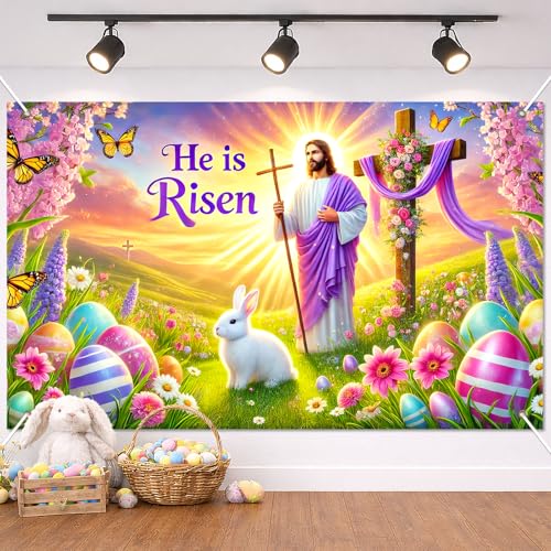 BlissYard Happy Easter Banner 71x43 Inch He is Risen Easter Backdrop Spring Christian Cross Lily Jesus Photography Background Religious Party Decorations Photo Banner Booth Studio Props - color: He is Risen Banner#1