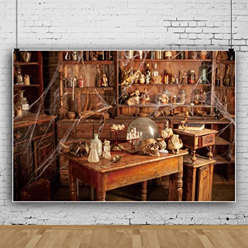 5x3ft Old Abandoned Chemistry Laboratory Photography Backdrop Background Poison Bottles Skeleton Lab Scary Halloween Party Decorations Spooky Witch's Room Black Magic Lab Backdrop Banner - size: 5x3ft