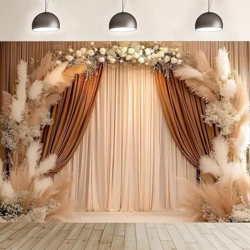 Bohemian Backdrop Beige Curtains Background Pampas Grass Floral Interior Decoration Girl Birthday Party Wedding Pregnant Portrait Photo Newborn Baby Photo Studio Props (9X6FT) - size: 9X6FT
