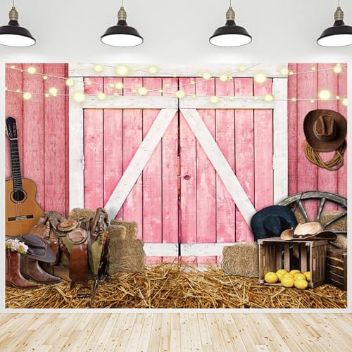 Western Backdrop Rustic Pink Wooden House Barn Door Background Hay Wild West Photography Banner for Birthday Rodeo Cowboy Themed Party Decorations Photo Photobooth Props 5x3ft - size: 5x3 ft