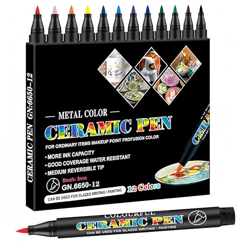Permanent Marke Ceramics Pens 12 Colors Porcelain Paint Brush Pen for Both Glazed and Unglazed Ceramics Christmas Decoration Wine Markers for Adults - color: 12 Colors