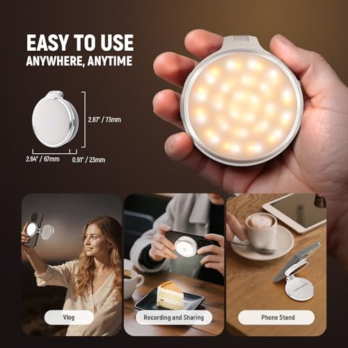 NEEWER Basics Magnetic LED Selfie Light Compatible with MagSafe iPhone, Desk Stand Phone Holder with Makeup Mirror 1160lx/0.2m 900mAh CRI95 Fill Lighting for Video Recording Streaming, White NL48R