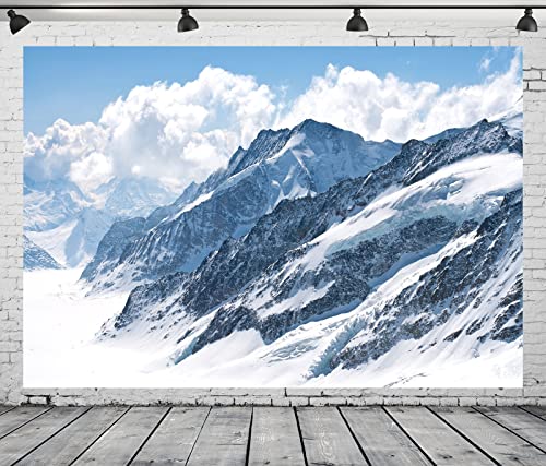 BELECO 5x4ft Fabric Winter Snow Mountain Photography Backdrop Swiss Alps Great Aletsch Glacier Blue Sky White Clouds Background Outdoor Adventure Ski Mountain Party Decorations Portrait Photo Props