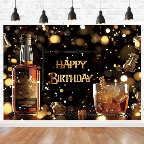Whiskey Happy Birthday Backdrop Black Gold Glitter Bokeh Background Aged to Perfection Whiskey Birthday Party Decorations Men Supplies Vinyl Photo Booth Prop Cheer Table Decor Banner-8 * 6ft