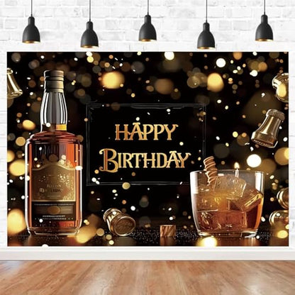 Whiskey Happy Birthday Backdrop Black Gold Glitter Bokeh Background Aged to Perfection Whiskey Birthday Party Decorations Men Supplies Vinyl Photo Booth Prop Cheer Table Decor Banner-8 * 6ft